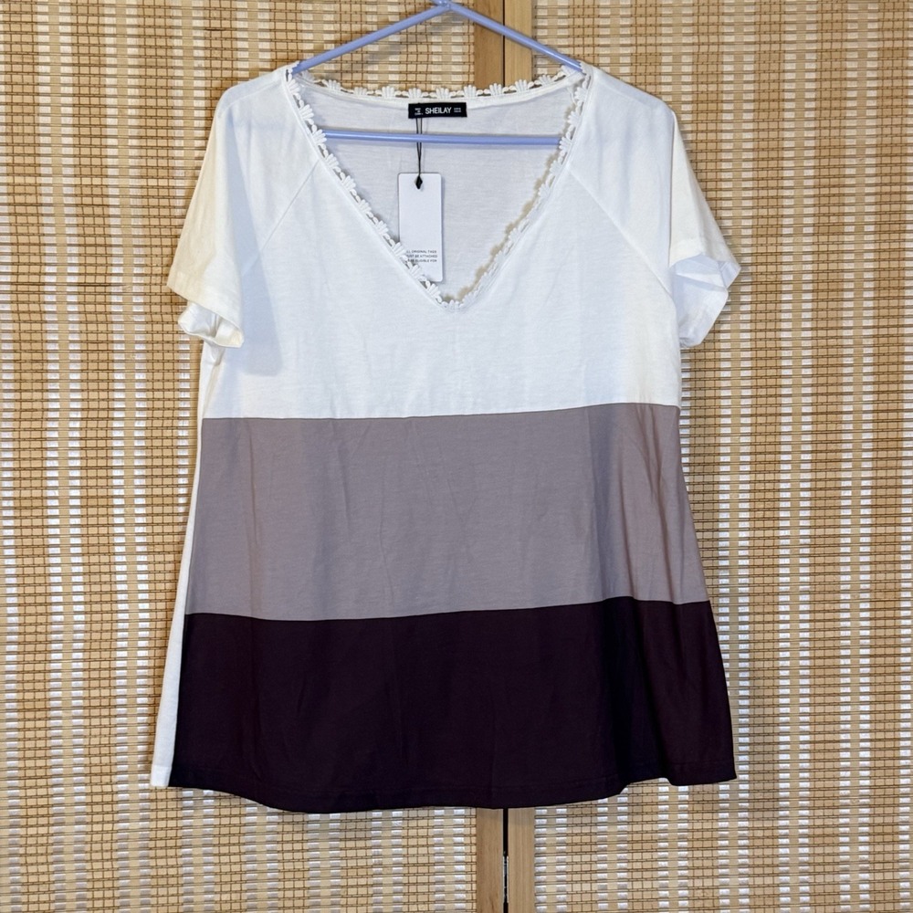 Sheilay Womens XL Top Lace Trim Color Block Boho Casual Workwear‎ Vacation